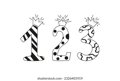 Figures , Crown, doodle style drawings. Row of cartoon numbers collection. Birthday card design. Vector icons, illustration on white isolated background.