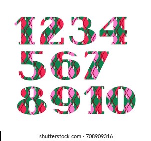 Figures, decorative geometric pattern, green-red, vector. Figures with serifs. Pink and red wavy geometric elements on a green background. 