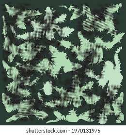 figures of different shapes on a multi-colored background