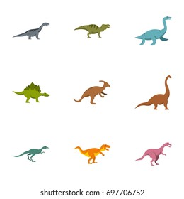 Figures dinosaur icons set. Flat set of 9 figures dinosaur vector icons for web isolated on white background