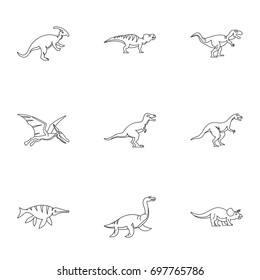 Figures dinosaur icons set. Outline set of 9 figures dinosaur vector icons for web isolated on white background