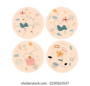 Figures and doodles set. Collection of graphic elements for website. Aesthetics and elegance, abstract creativity and art, patterns. Cartoon flat vector illustrations isolated on white background