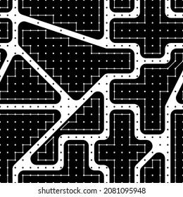 Figuren, Türschmuck. Nahtloses Muster. Folk-Tapete. Einfache Formen, fleckiger Hintergrund. Stickereier Hintergrund. Stammesmotiv. Ethnisches Mosaik. Digitales Papier, Stoffdruck, Webdesign. Vektorgrafik.