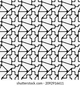 Figures, dots ornament. Seamless pattern. Folk wallpaper. Simple shapes, spots backdrop. Embroidery background. Tribal motif. Ethnic mosaic. Digital paper, textile print, web design, abstract. Vector