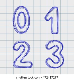 Figures drawn by hand in a notebook for exercises. Numeral in the form of a plurality of loops. Outline font style. Easy to edit. Numbers 0, 1, 2, 3
