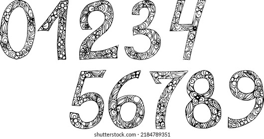 Figures drawn in vector. Numerology. Holiday decoration. Signs and symbols. Numbers from 0 to 9. Mathematics. Arabic numerals. Mathematical signs. Floral print on numbers. 