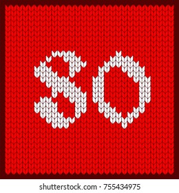 Figures eighty as knitted pattern. Texture of jacquard sweater in Scandinavian style, white numerals. Decoration for postcard, greetings, seasonal sale, discount in winter, Christmas and New Year.