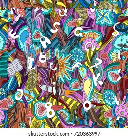Figures and English letters are interwoven in a pattern. Seamless, bright, hand-drawn