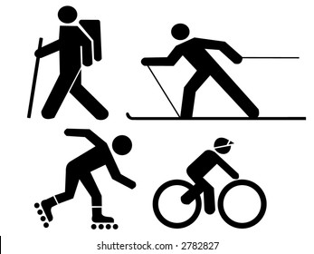 figures exercising hiking skiing skating and cycling