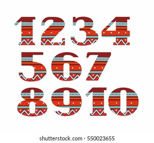 Figures, folk decor, vector, red. Colored, vector figures with serifs. Blue stripes on a red background. National ornament. 