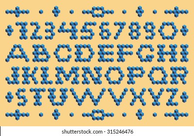 The figures, font and decorative elements consisting of isometric cubes