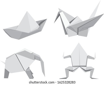 figures of a frog, a crane, a ship and an elephant made of paper