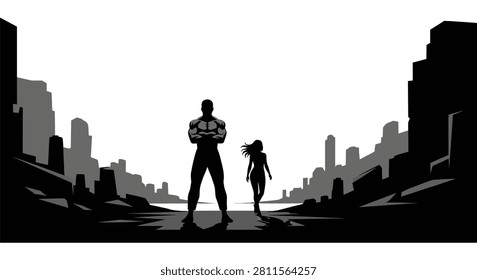 Figures in front of a cityscape dark shapes against a light background silhouette