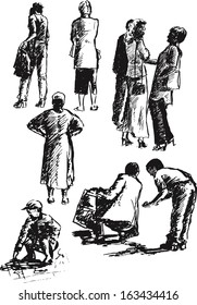 figures and groups of people in different situations. drawing on paper