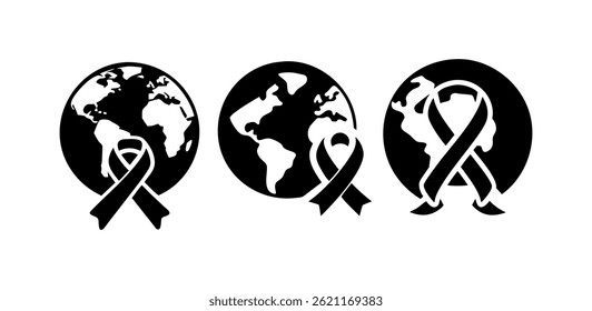 figures holding a ribbon, symbolizing solidarity and support. Simple black awareness ribbon with heart symbol. ribbon, calendar, world, globe, earth, international, global, campaign, awareness ribbon.