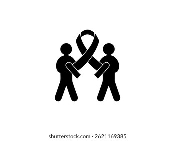 figures holding a ribbon, symbolizing solidarity and support. Simple black awareness ribbon with heart symbol. ribbon, calendar, world, globe, earth, international, global, campaign, awareness ribbon.