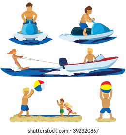 Figures Jet Ski, Water Ski, Boating, Beach Activities. Man playing beach ball with the children done in flat graphic
colors
