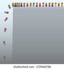 Figures jumping off a cliff like lemmings. Symbol for blind obedience, group pressure, thoughtlessness, stupidity, incapacity, depression or submission. Vector illustration.
