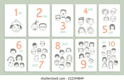 Figures. Learn to count. Cartoon hand drawn set with different funny faces. Isolated. Vector.