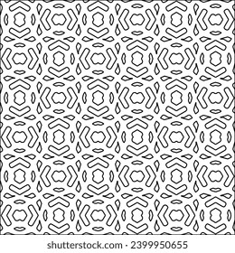 Figuren aus Linien.Schwarzes Muster auf weißem Bildschirmhintergrund für Webseiten, Texturen, Karte, Poster, Stoff, Textilien. Abstrakter Hintergrund.Wiederholtes Hintergrundbild.Weiße Textur. Linien formen Formen.