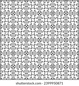 Figuren aus Linien.Schwarzes Muster auf weißem Bildschirmhintergrund für Webseiten, Texturen, Karte, Poster, Stoff, Textilien. Abstrakter Hintergrund.Wiederholtes Hintergrundbild.Weiße Textur. Linien formen Formen.
