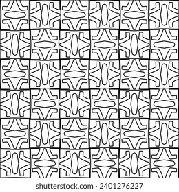 Figuren aus Linien.Schwarzes Muster auf weißem Bildschirmhintergrund für Webseiten, Texturen, Karte, Poster, Stoff, Textilien. Abstrakter Hintergrund.Wiederholtes Hintergrundbild.Weiße Textur. Linien formen Formen.