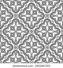 Abbildungen von Linien.Schwarzes Muster auf weißem Bildschirmhintergrund für Webseiten, Texturen, Karten, Poster, Gewebe, Textilverpackungen oder Servietten. Abstrakte Tapete. Wiederholung des Hintergrundbildes. Weiße Textur