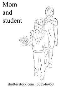 figures mother and student, are nearby. going to school. Illustration on the theme of school