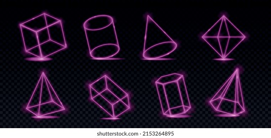 Figures neon set. Collection of bright graphic elements, signboards for night club. Object rendering, fantasy and imagination. Cartoon isometric vector illustrations isolated on dark background