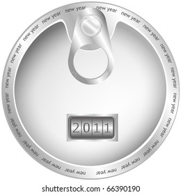 Figures of New Year made in the form of the coded lock located on a cover of an aluminum flask
