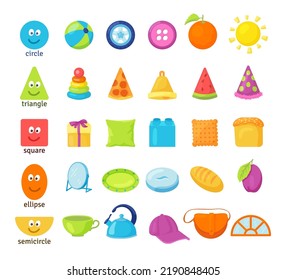 Figures and objects of different shapes vector illustrations set. Items of basic geometric shapes for kindergarten or school children isolated on white background. Education, geometry concept for