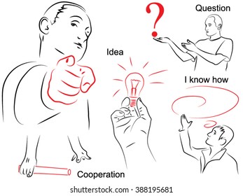 Figures on idea generation, question, idea, know how, holding a light bulb, shows a finger