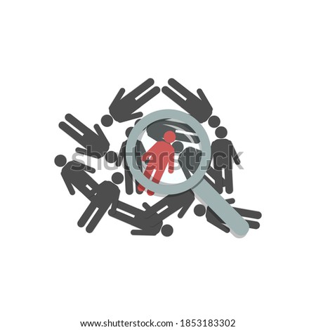 Figures of people lie on a flat surface, top view. Red man under a magnifying glass, loupe. Concept: Choice, The Chosen One, The Perfect Candidate, The Right Person, The Lucky One. Vector illustration
