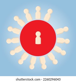 Figures of people are placed in a circle, in the center of which is a white figure. The concept is the center of attention of society.