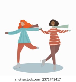 Figures of people skating. Two girls are skating on ice, holding hands
