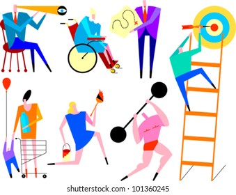 Figures performing a variety of activities