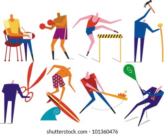 Figures performing a variety of activities