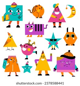 Figures and personages in geometric shapes of circle and square, triangle and hexagon, trapezoid and star. Cute characters with facial expressions, emoticons or emojis. Vector in flat styles