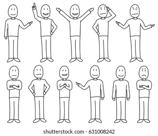 Figures in poses showing various moods and emotions in hand drawn style, male set
