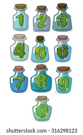 Figures in a retro bottle laboratory for experimentation and research. Numbers in magical banks with a wooden stopper. Vector illustration