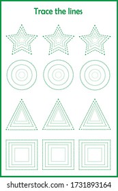 Figures: star, circle, triangle, square. Trace the lines. Leart to write. 