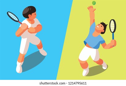 The figures of tennis players during the game. Active poses. Vector illustration. Сartoon style