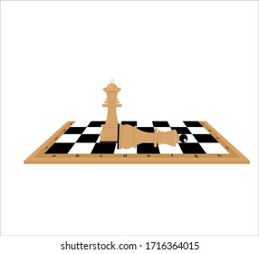 Figures of wooden chess on chessboard. King, queen of opposing teams. Flat style Vector Illustration Symbol sign. Composition for advertising of competition, tourney. Image for teaching book. Simple i