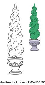 Figure-trimmed bush in a garden flowerpot color and outlined for coloring