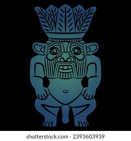 Figurine of ancient Egyptian dwarf god Bes. Blue silhouette on black background.