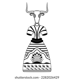 Figurine of Cretan Minoan woman or goddess with cow or bull head. Mythological concept. Black and white silhouette.