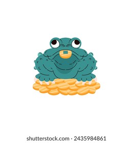 A figurine of a frog sitting on gold coins. Vector image of a green toad holding a gold coin in its mouth. Symbol of luck, wealth and prosperity. Isolated background.