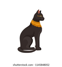 Figurine of sitting black Egyptian cat with golden necklace. Goddess Bastet statue. Ancient Egypt theme. Flat vector icon