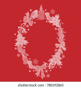 Figurines in ornaments in oval frame. There are lot of elements such as  christmas tree, spruce, bow, snowflake, candle, sock, snowman