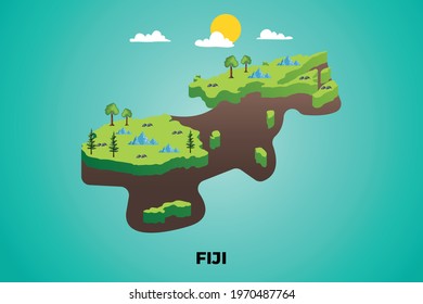Fiji 3d isometric map with topographic details mountains, trees and soil vector illustration design